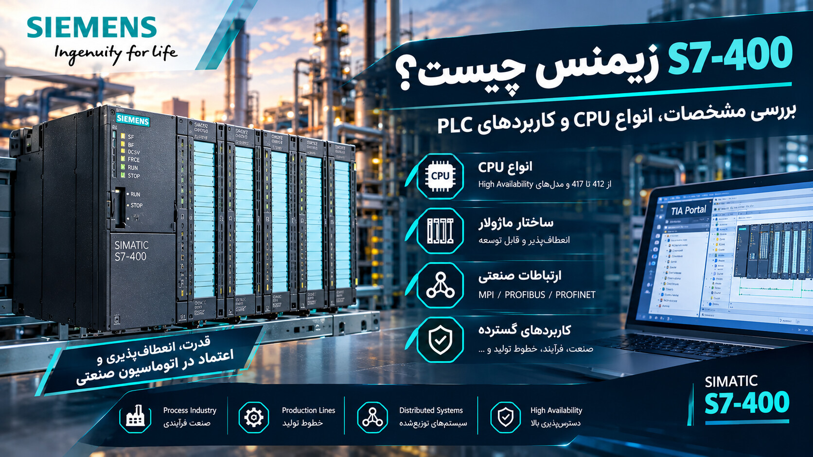 PLC S7-400 زیمنس با نمایش CPU، ساختار ماژولار و ارتباطات صنعتی